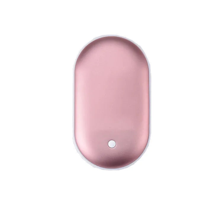 Compact rose gold rechargeable hand warmer and USB power bank with digital display.