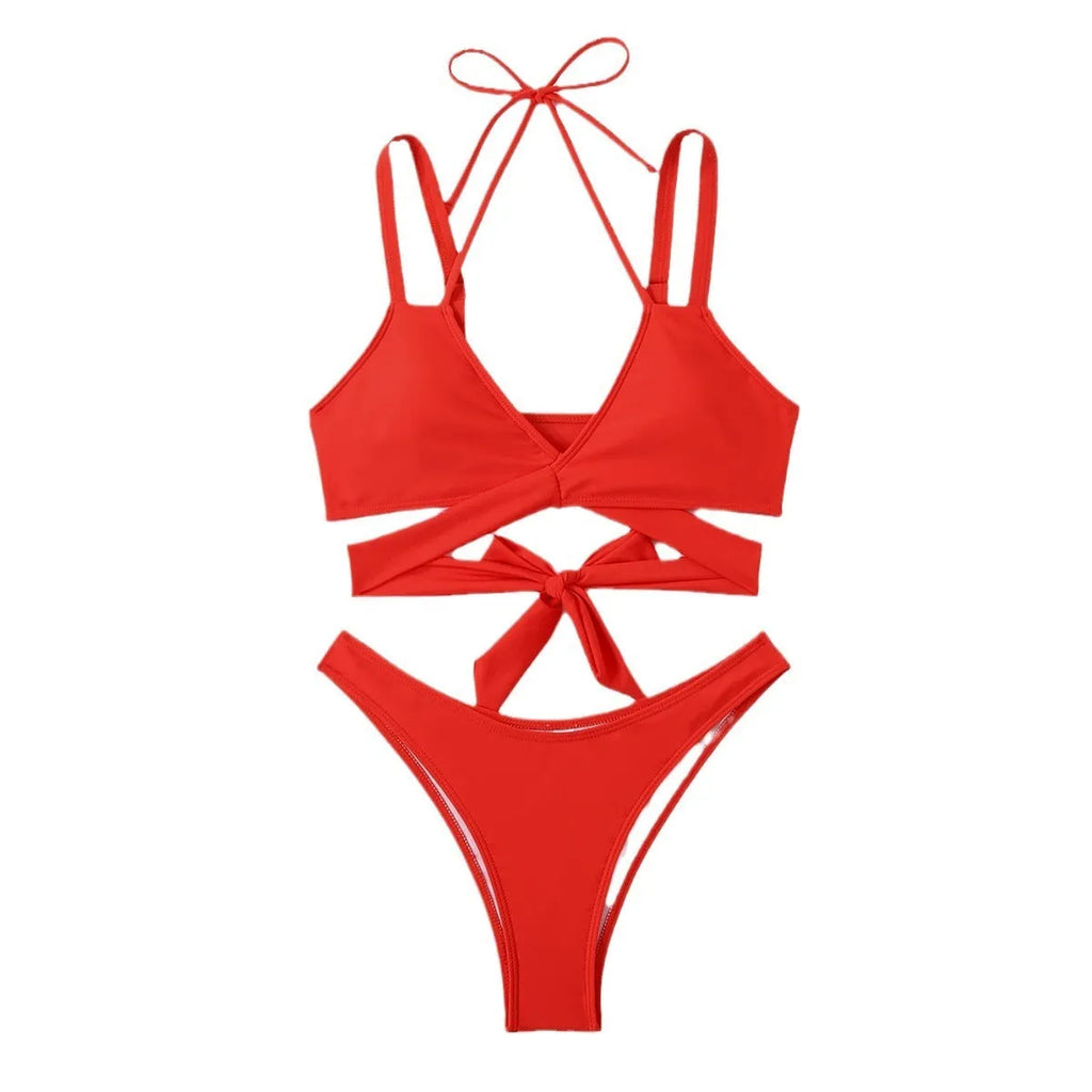 Women's solid colour strap bikini swimsuit in choice of five colours including black, red, blue, rose red, and white