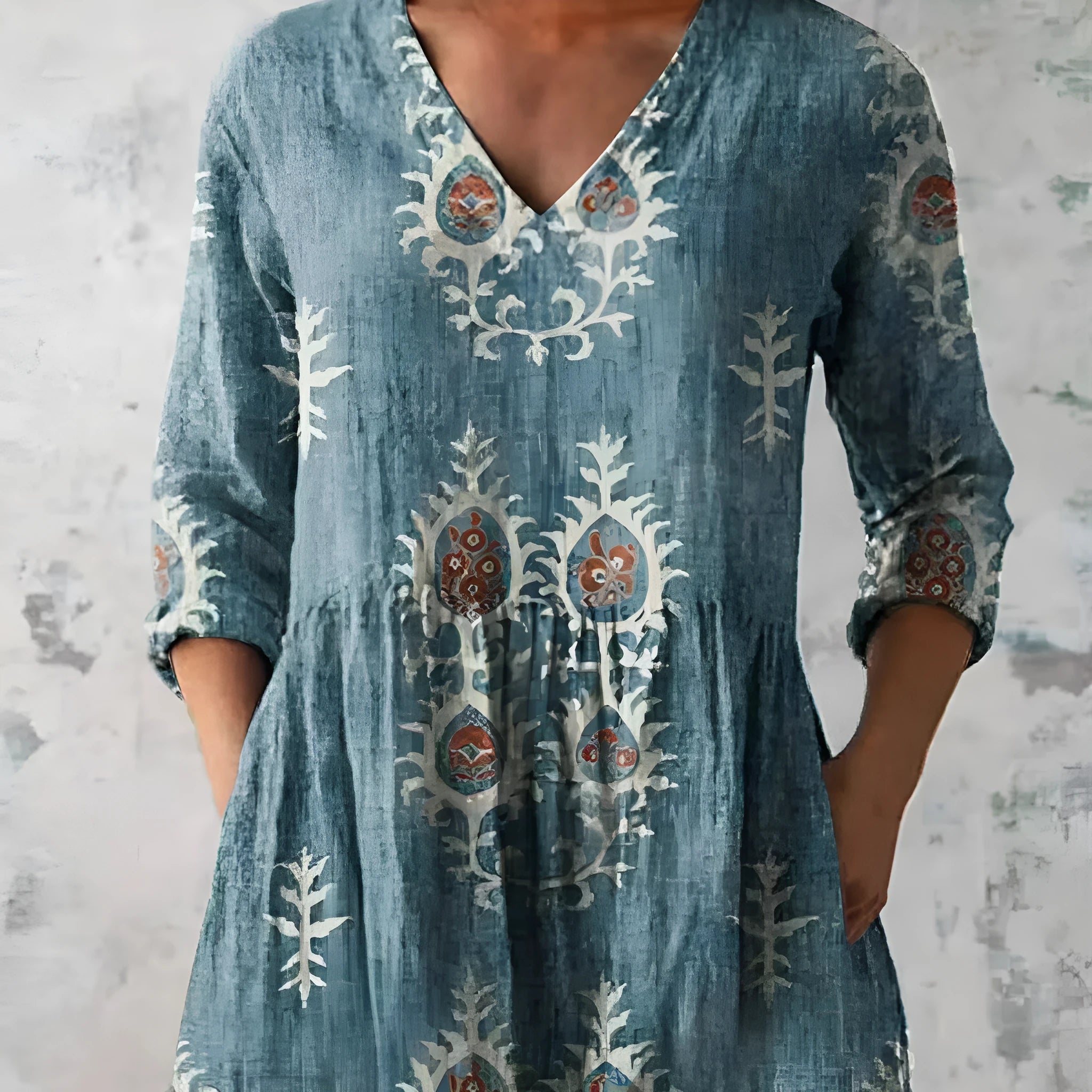 Women's loose fitted printed wave dress with 3/4 sleeves and wide waistband on hanger