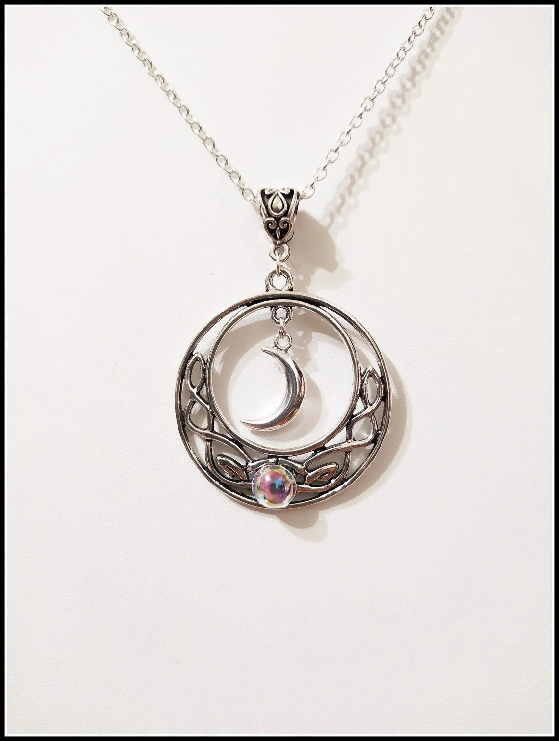 Celtic crescent crystal necklace for women with alloy cross chain and glass moon pendant in colour AQ-3073