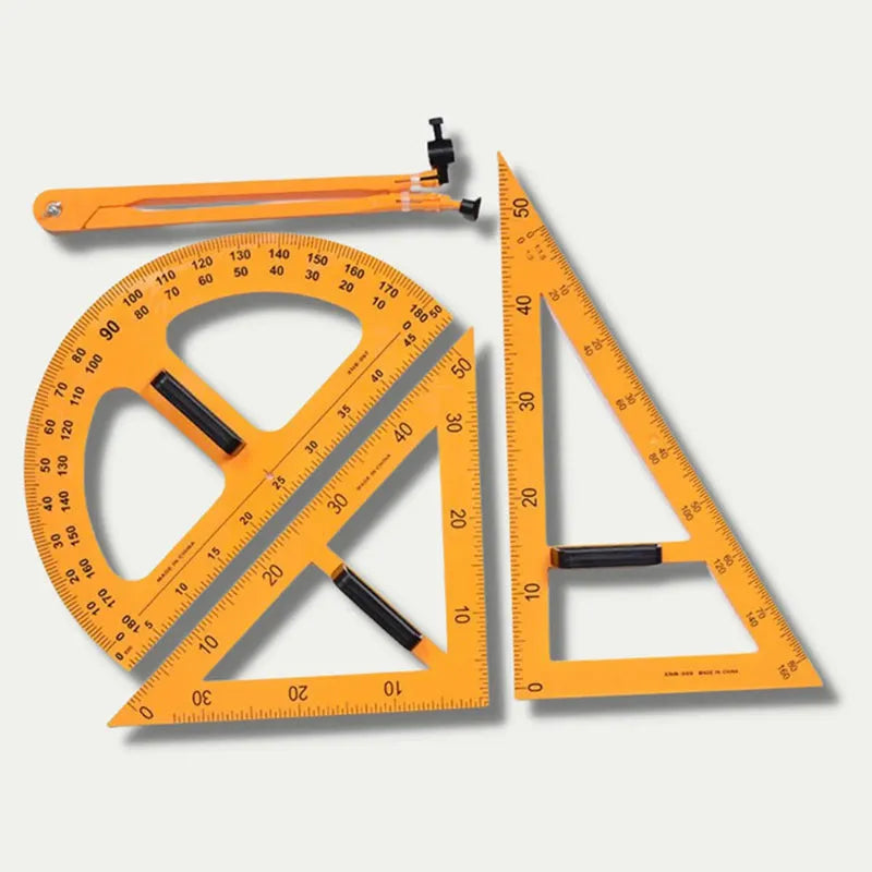 Orange and black mathematics teaching tools set with triangular rulers, protractor, and chalk compass