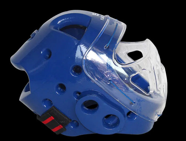 Karate helmet protective equipment in blue colour with adjustable straps and protective padding