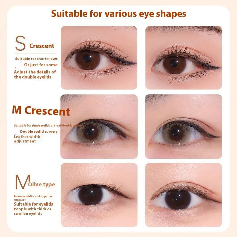 Clear double eyelid stickers on a roll, showing the invisible lace material in Crescent and Olive shapes.