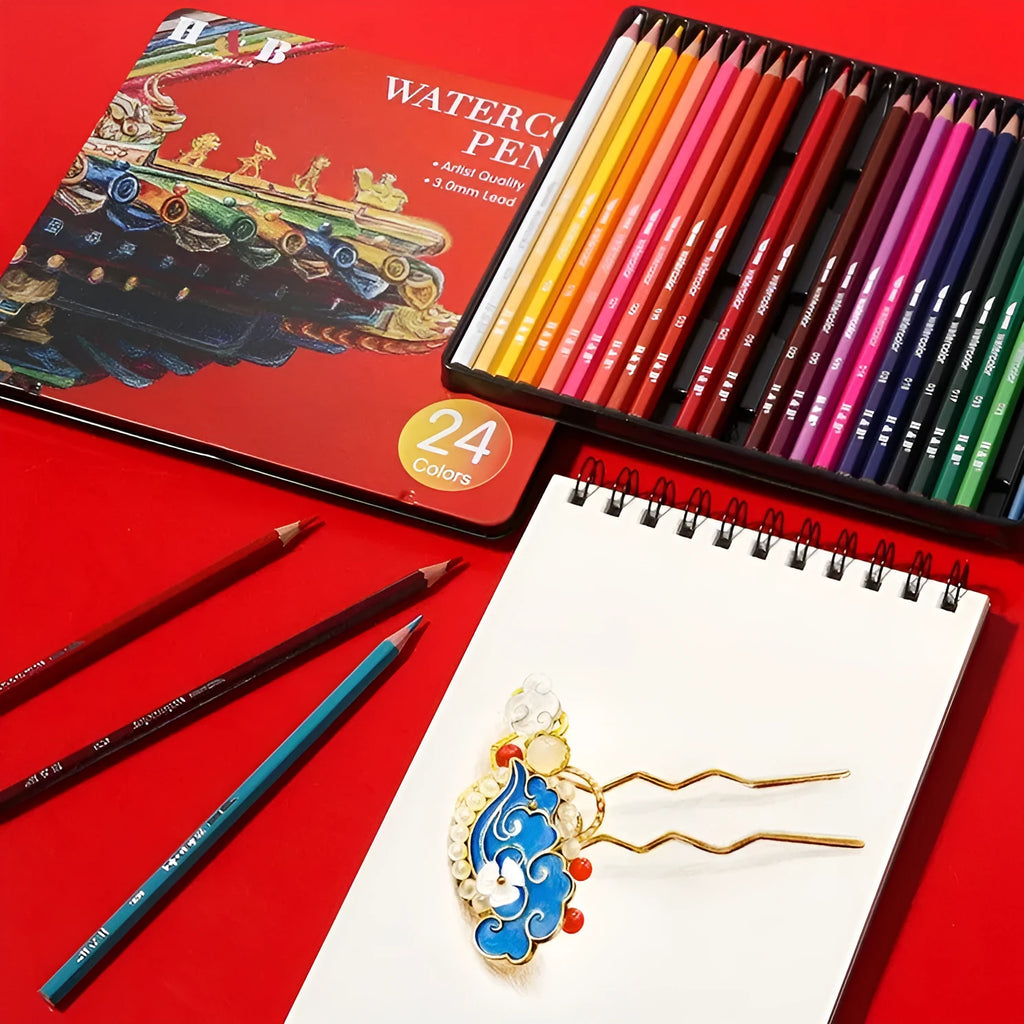 Water-soluble coloured pencils in 24 colours inside a brush iron metal box