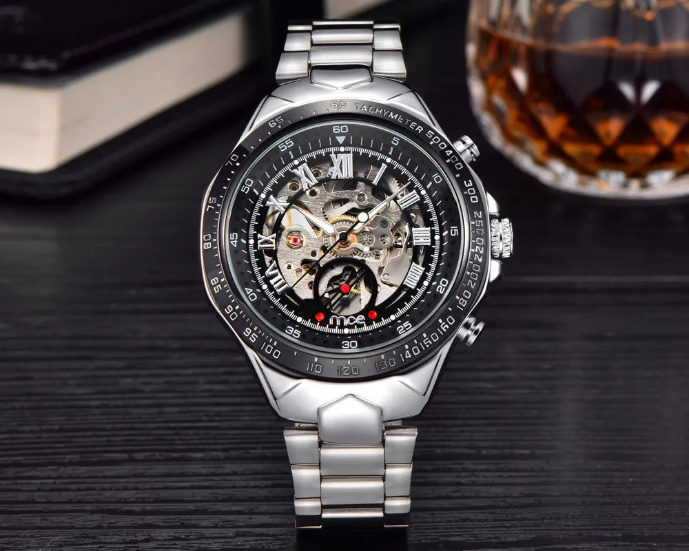MCE men's explosion-proof mechanical watch with stainless steel case and black dial