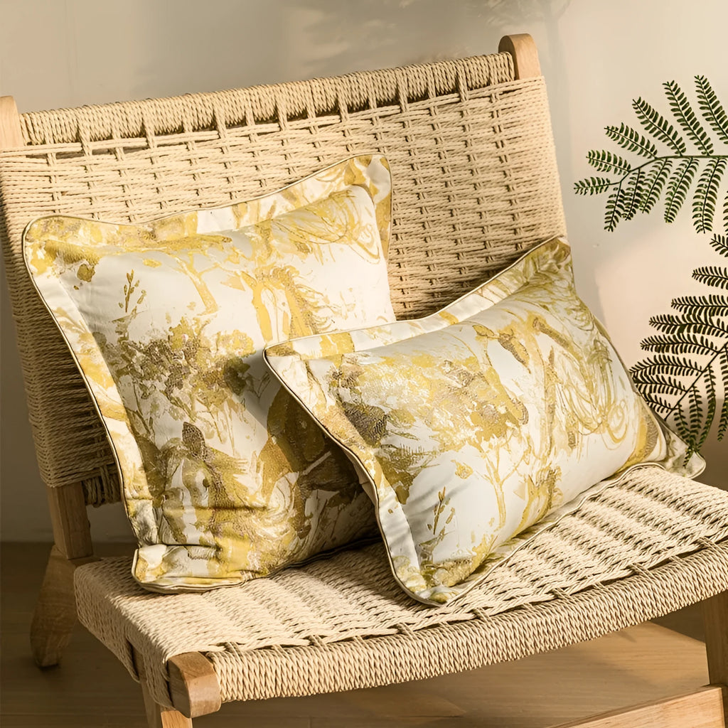 Modern abstract golden horse design jacquard cushion in black, white, golden yellow, or purple on a sofa.