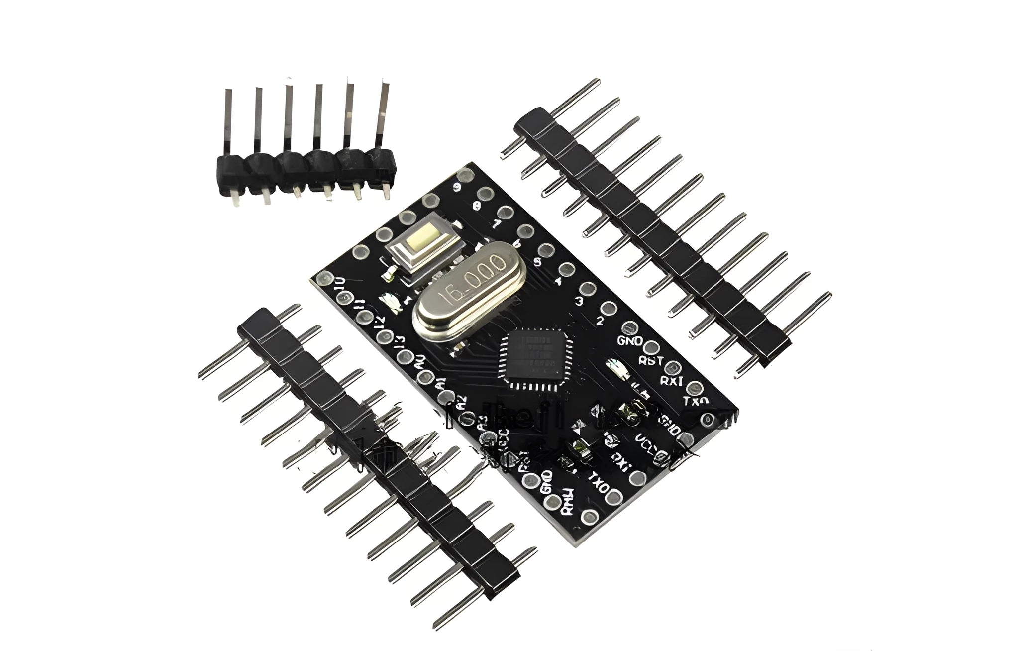 Mini Pro microcontroller circuit board with pin headers measuring 33.3mm by 18.0mm