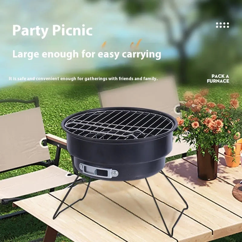 Small folding round ice stove with mesh, legs, grill, and clip for camping