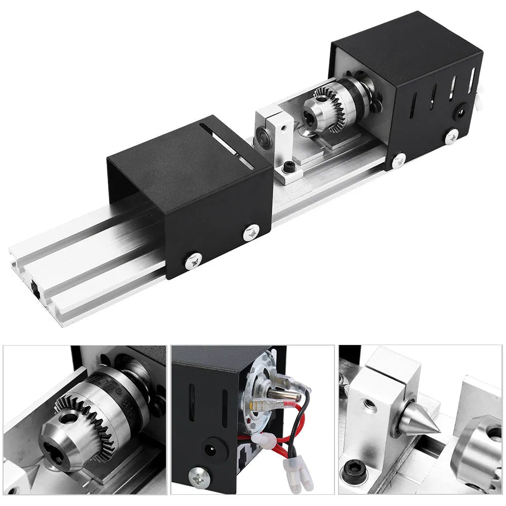 Silver metal mini woodworking lathe with carving tools on workbench