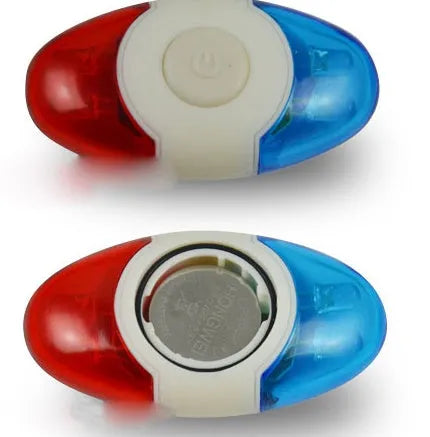 Red and blue LED bicycle tail light with adjustable mounting base.