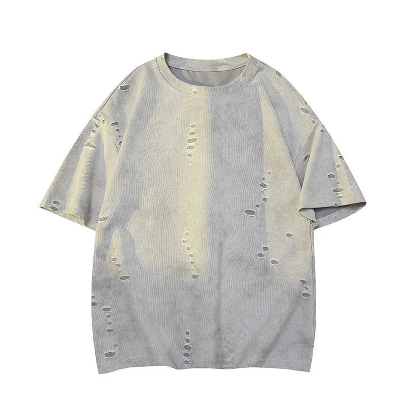 Men's loose fit cotton blend ripped short sleeve pullover in blue casual t-shirt style