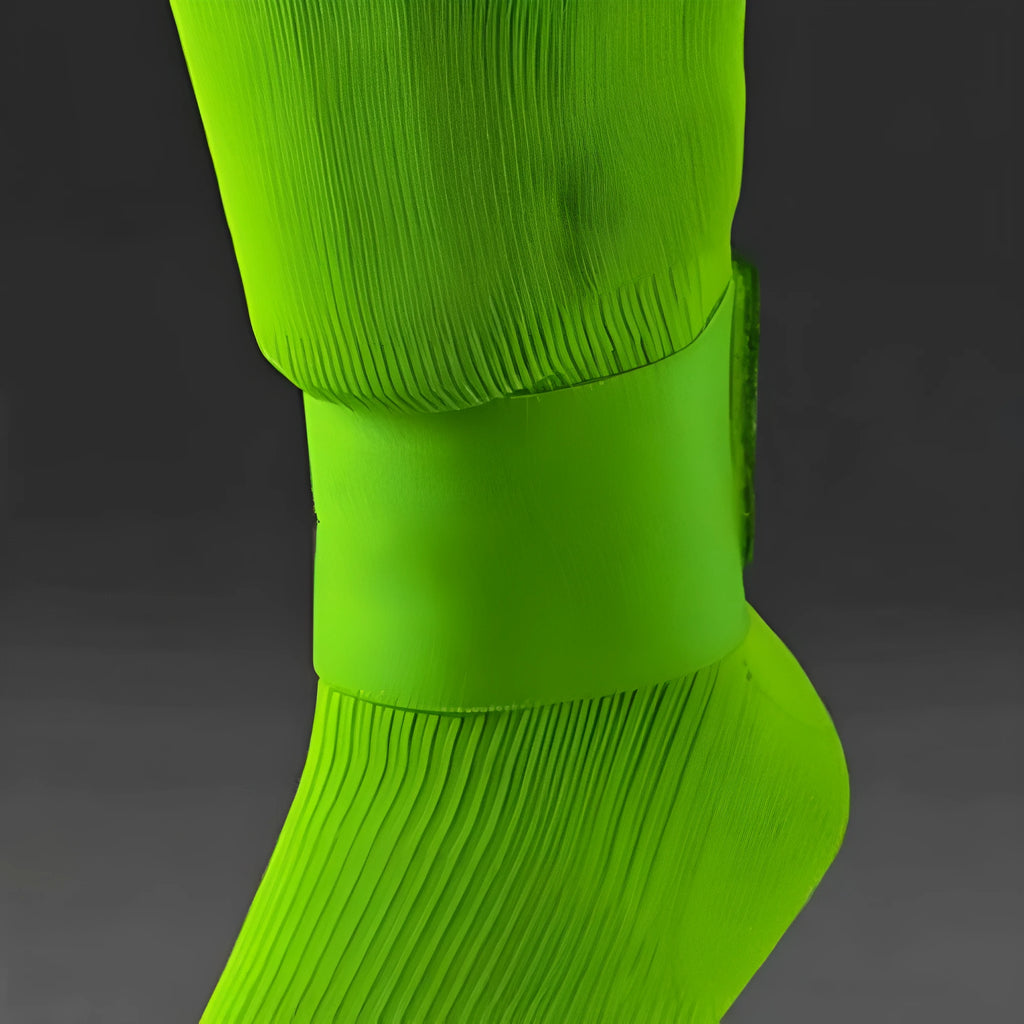 Red rubber elastic strap for securing football shin guards and sports protective pads.