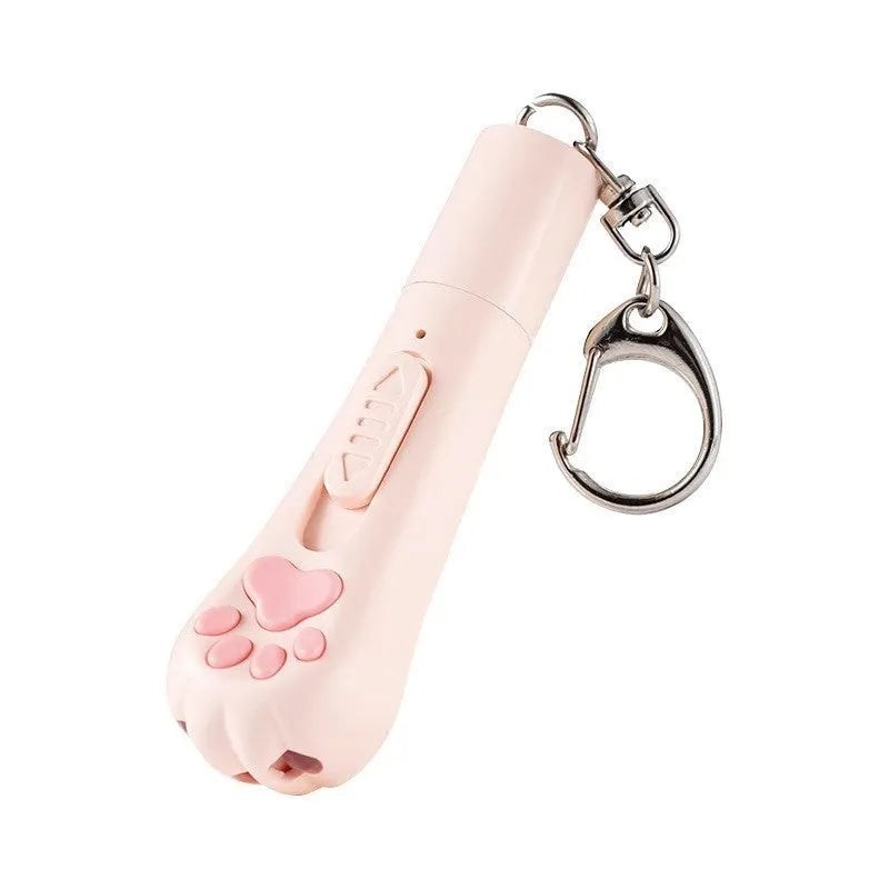 Handheld cat teaser toy with pen light feature in cream white, pink or blue colour options.