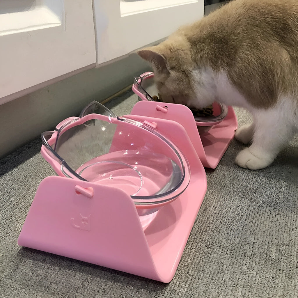 Adjustable plastic cat bowl in white with a 15-degree angle and non-slip base