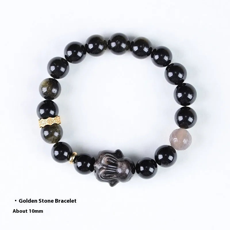 Handmade lying rabbit charm obsidian bracelet in Jin Yaoshi with gray agate details, national style unisex jewellery.