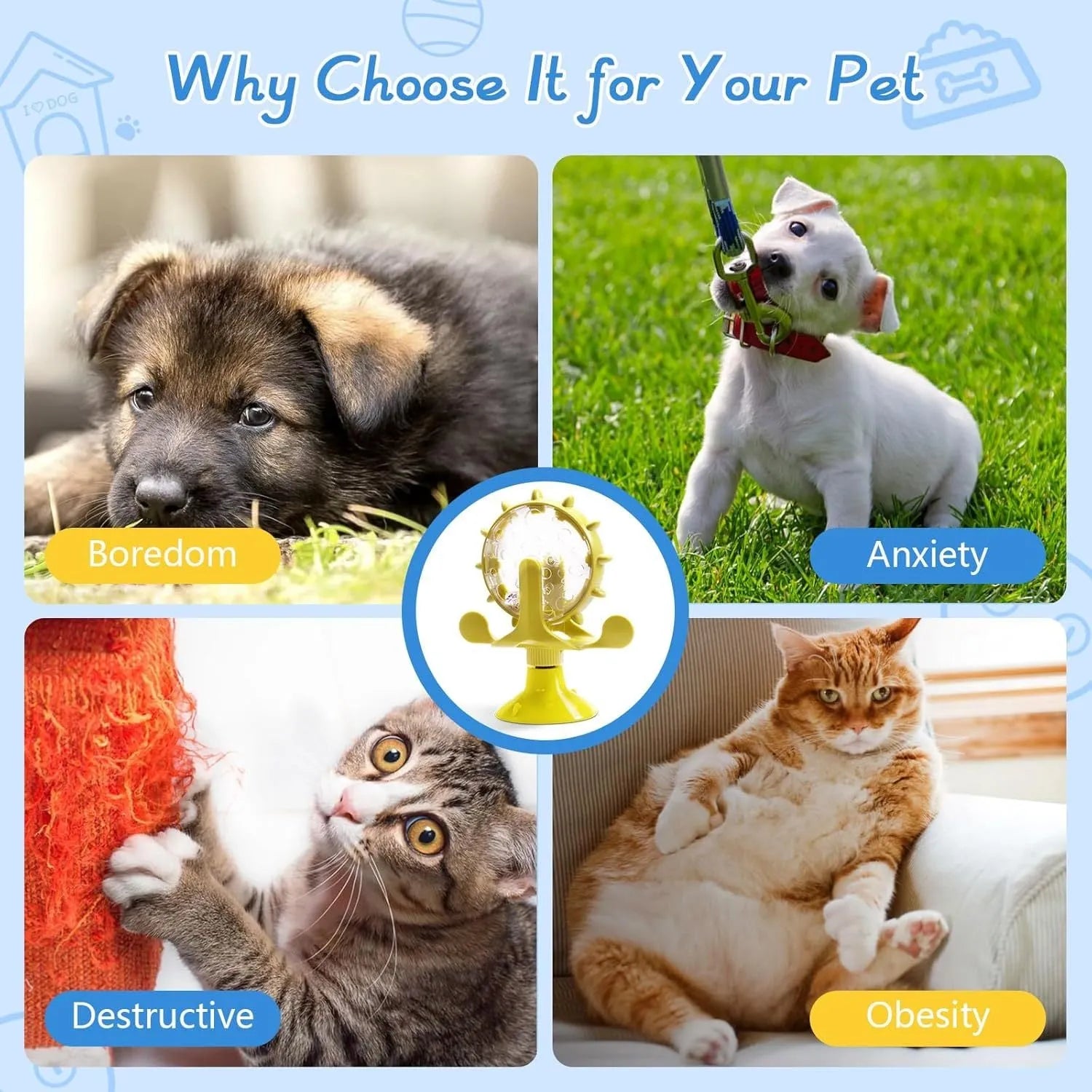 Interactive rotating pet slow feeder toy with sucker base in blue, green, red or yellow colour