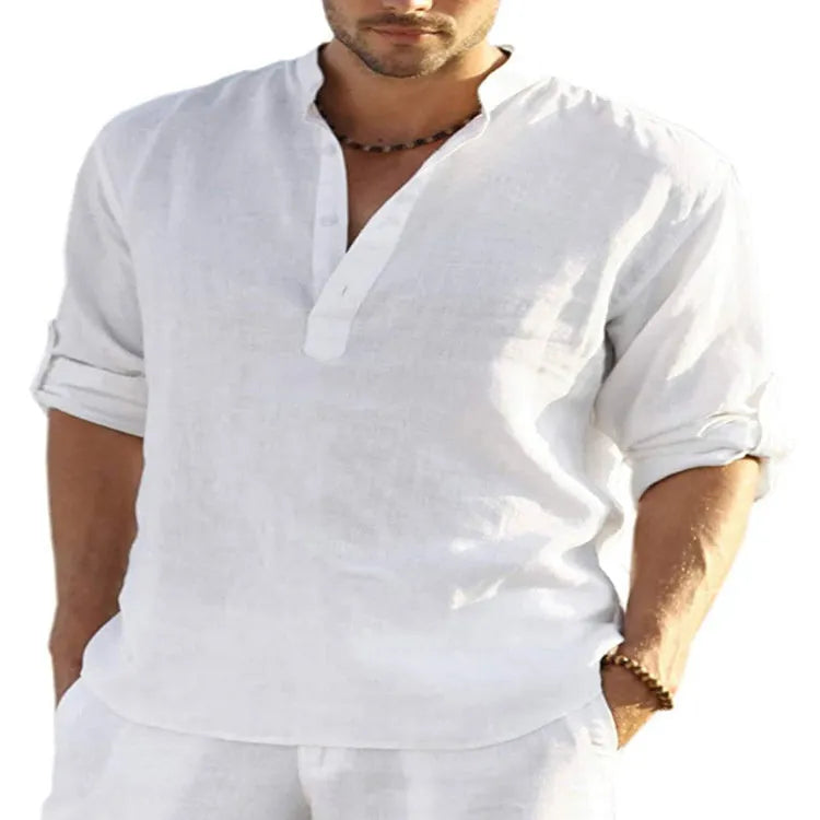 Men's solid colour long sleeve casual shirt with a stand collar, shown in a light blue shade.