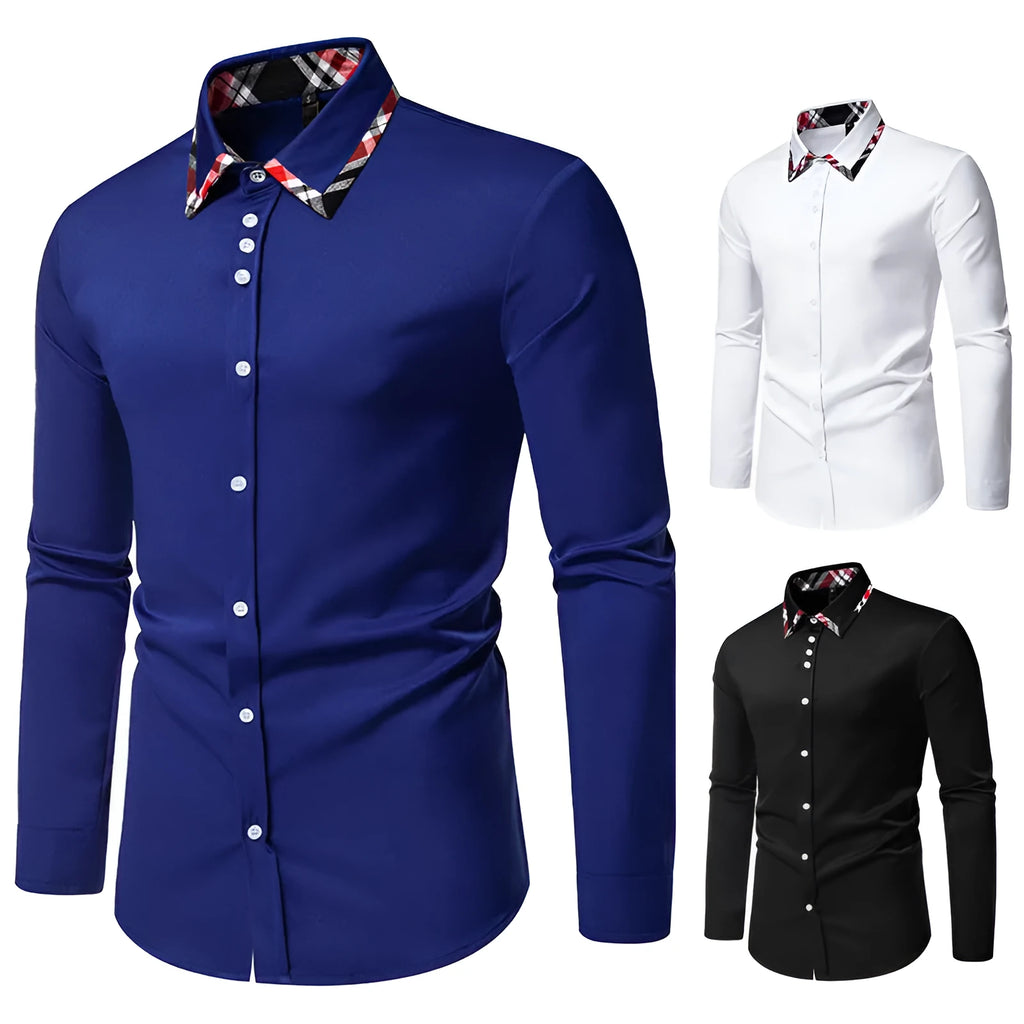Men's plaid triangle collar long sleeve shirt in chemical fibre blend fabric