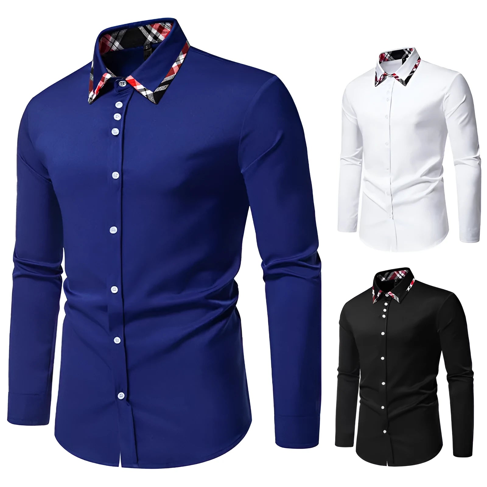Men's plaid triangle collar long sleeve shirt in chemical fibre blend fabric