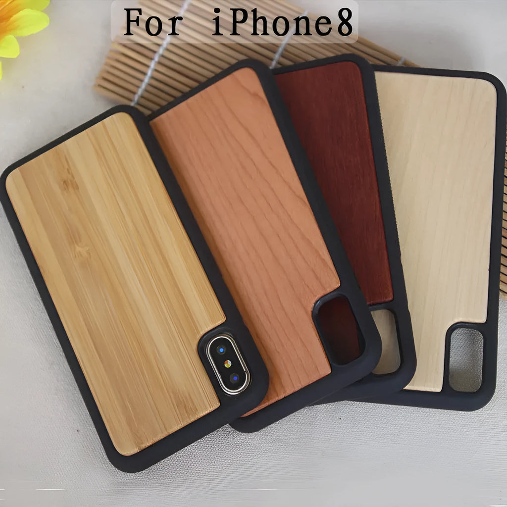 Wooden iPhone case with TPU bumper in Bamboo, Cherry, Rosewood, Walnut, or White colour options