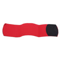 Red rubber elastic strap for securing football shin guards and sports protective pads.