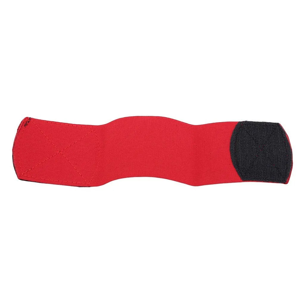 Red rubber elastic strap for securing football shin guards and sports protective pads.