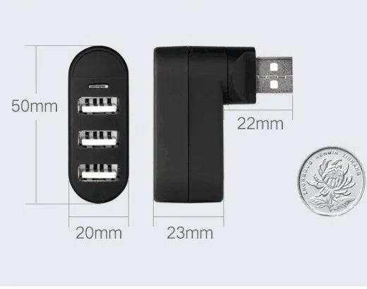Black and white USB 2.0 hub splitter showing four USB ports for expanding computer connectivity.