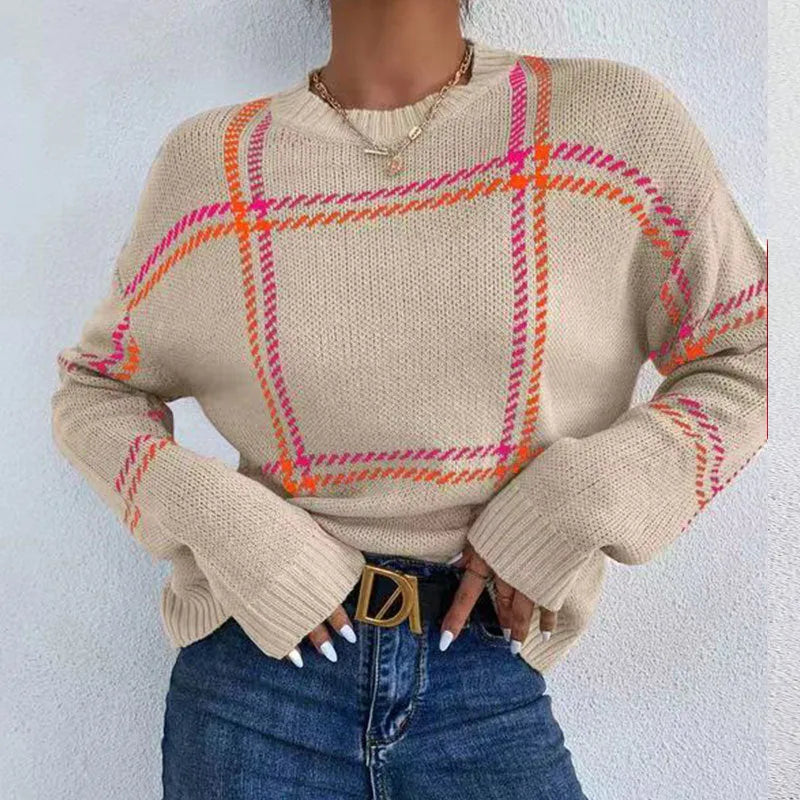 Women's loose fit plaid pullover sweater with apricot, black, beige, red, and green colour-block stripes