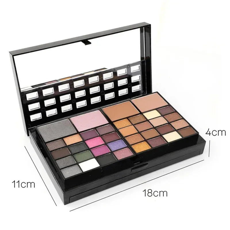 74 colour makeup combination palette open showing four layers of eyeshadows, lip glosses, and face powders with applicators