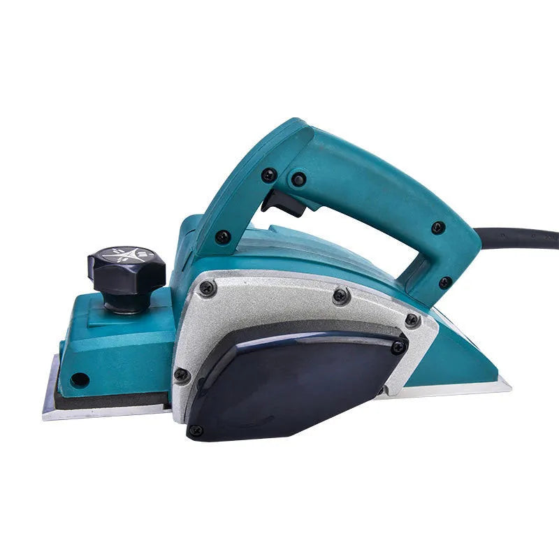 Red electric wood planer with 82mm cutting width and aluminium shell construction