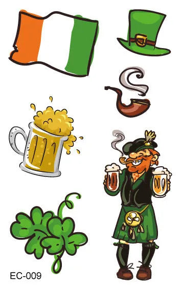Irish festival temporary tattoo sticker with St. Patrick's Day clover design measuring 120 by 75mm