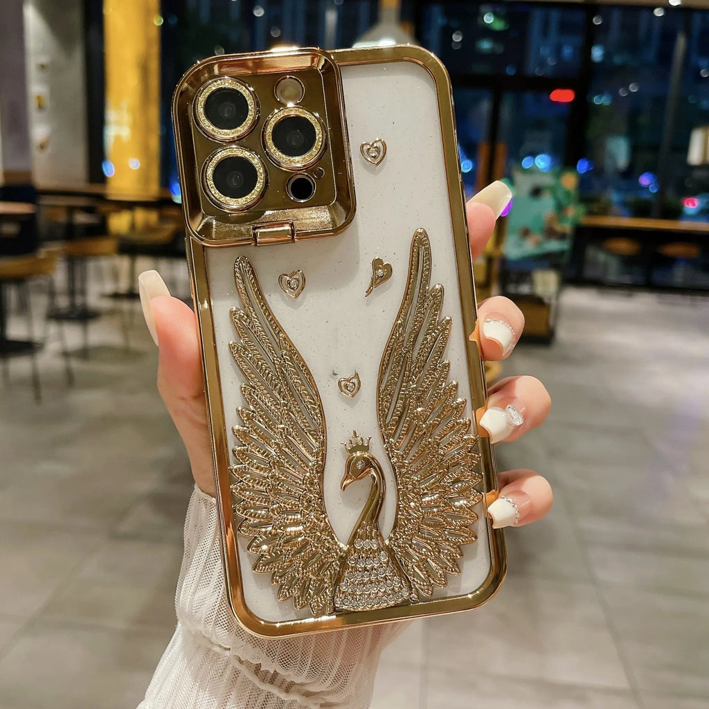 TPU phone case with electroplated three-dimensional angel wing frame and built-in invisible bracket, transparent back, shown in black