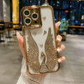 TPU phone case with electroplated three-dimensional angel wing frame and built-in invisible bracket, transparent back, shown in black