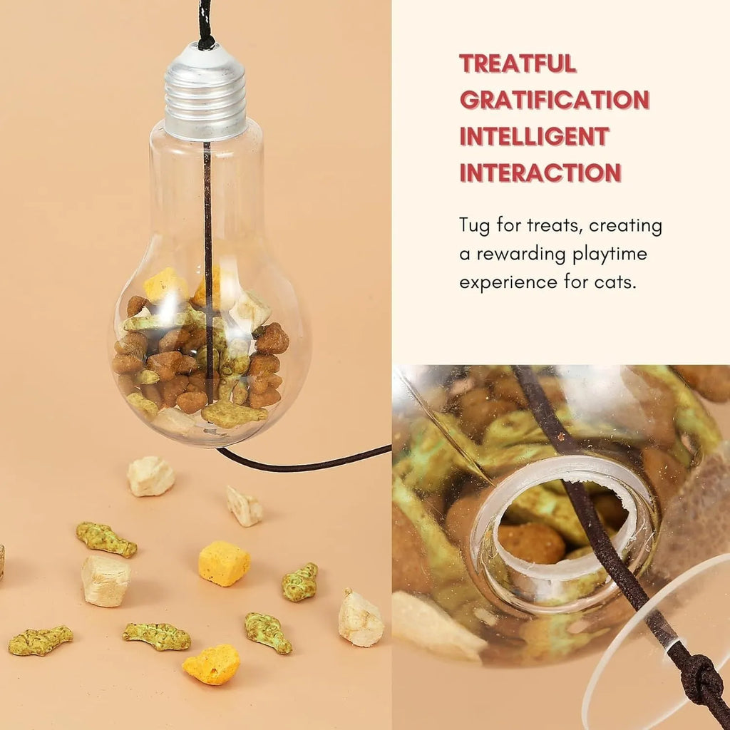 Grey and yellow hanging interactive cat toy mounted on door frame with elastic rope and treat bulb