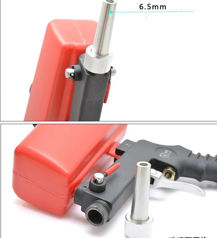 Portable black pneumatic sandblasting gun with a top-mounted hopper and a 6.5mm nozzle.