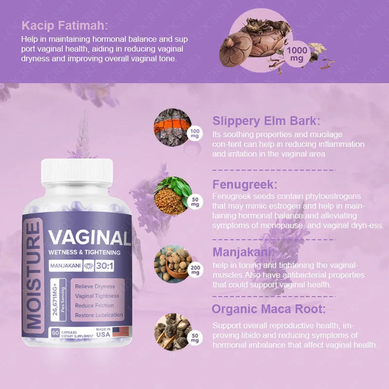 Bottle containing 60 vaginal capsules with extraction-produced botanical supplement for adult women