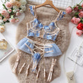 Light blue embroidered transparent push up bra set with lace mesh construction