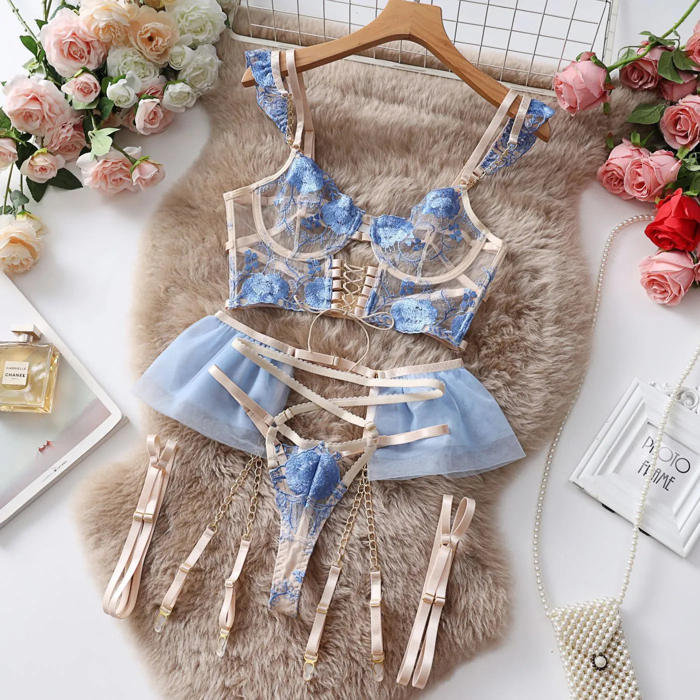 Light blue embroidered transparent push up bra set with lace mesh construction