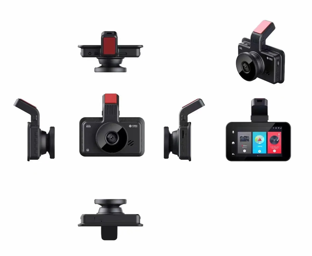 Car dashboard camera with 3-inch screen showing dual lens recording system for front and rear video capture