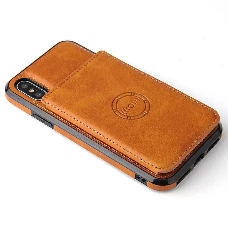 Imitation leather iPhone card wallet case showing black colour option with card storage compartment visible