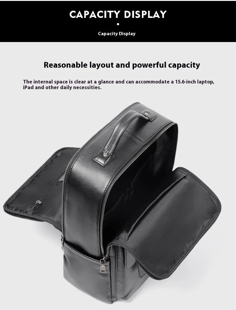 Men's black genuine leather computer backpack with 36-55L capacity for business travel