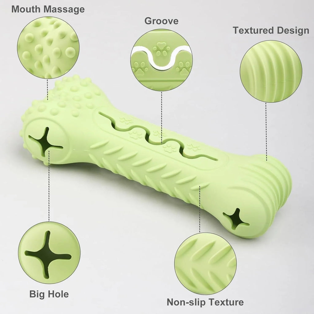 Blue, green, and orange natural rubber bone-shaped dog chew toy for aggressive chewers.