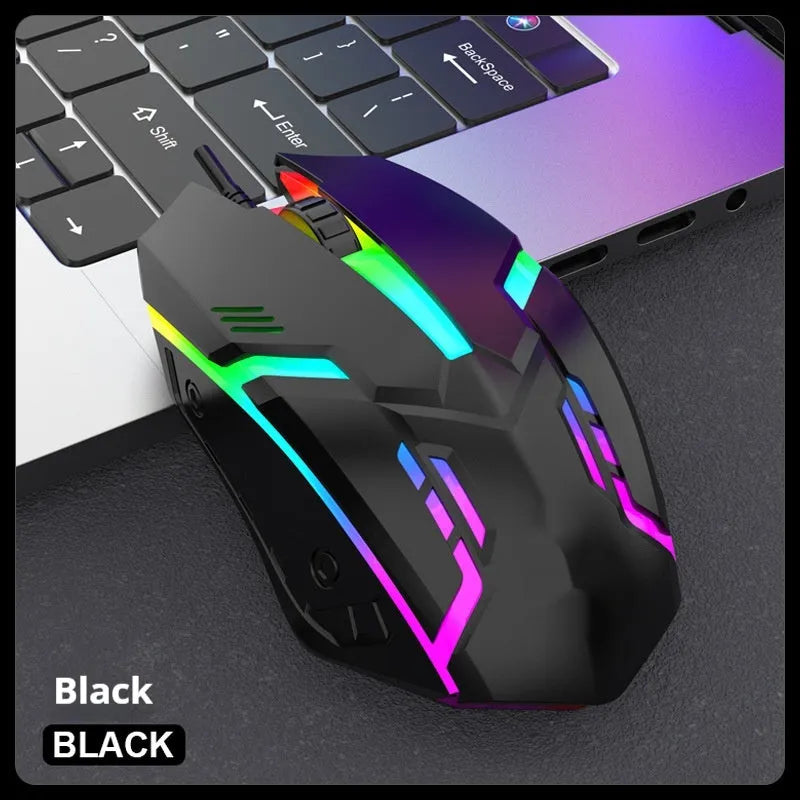 Large weighted wired USB gaming mouse in black, with ergonomic shape and scroll wheel