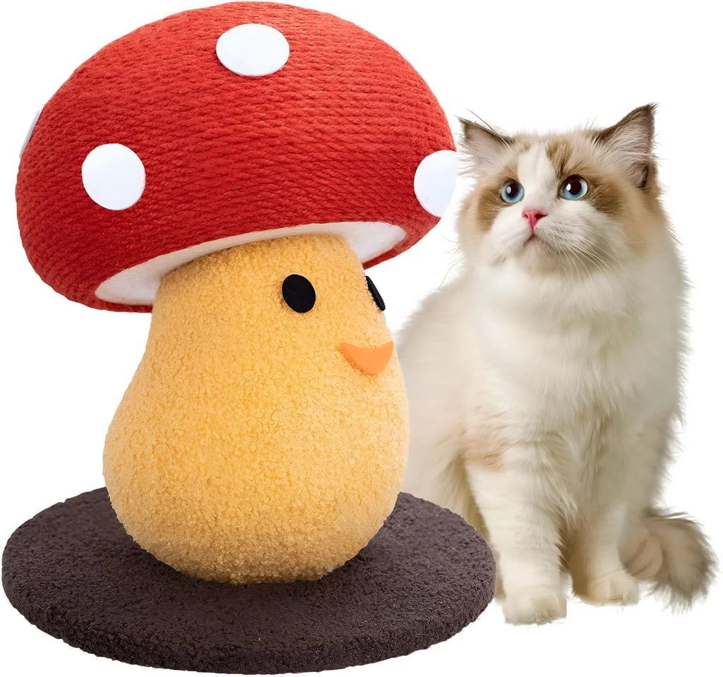 A round, mushroom-shaped foldable cat scratcher lounge board made from corrugated cardboard.
