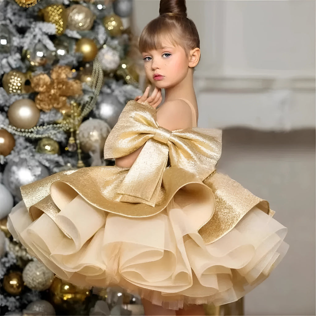 Gold satin one-year-old celebration dress for baby girl in princess style, polyester fabric, available in 80-150cm heights