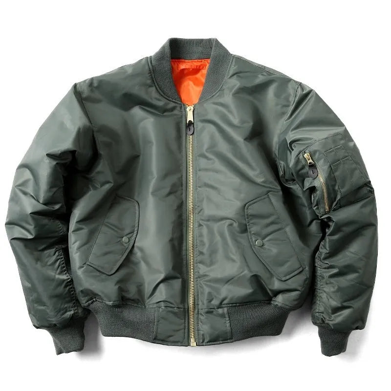 Men's army green loose fit cotton-padded pilot jacket with nylon exterior