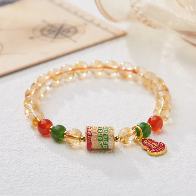 Hand-woven citrine five sutra bracelet with 6mm crystal stones in geometric Buddhist design