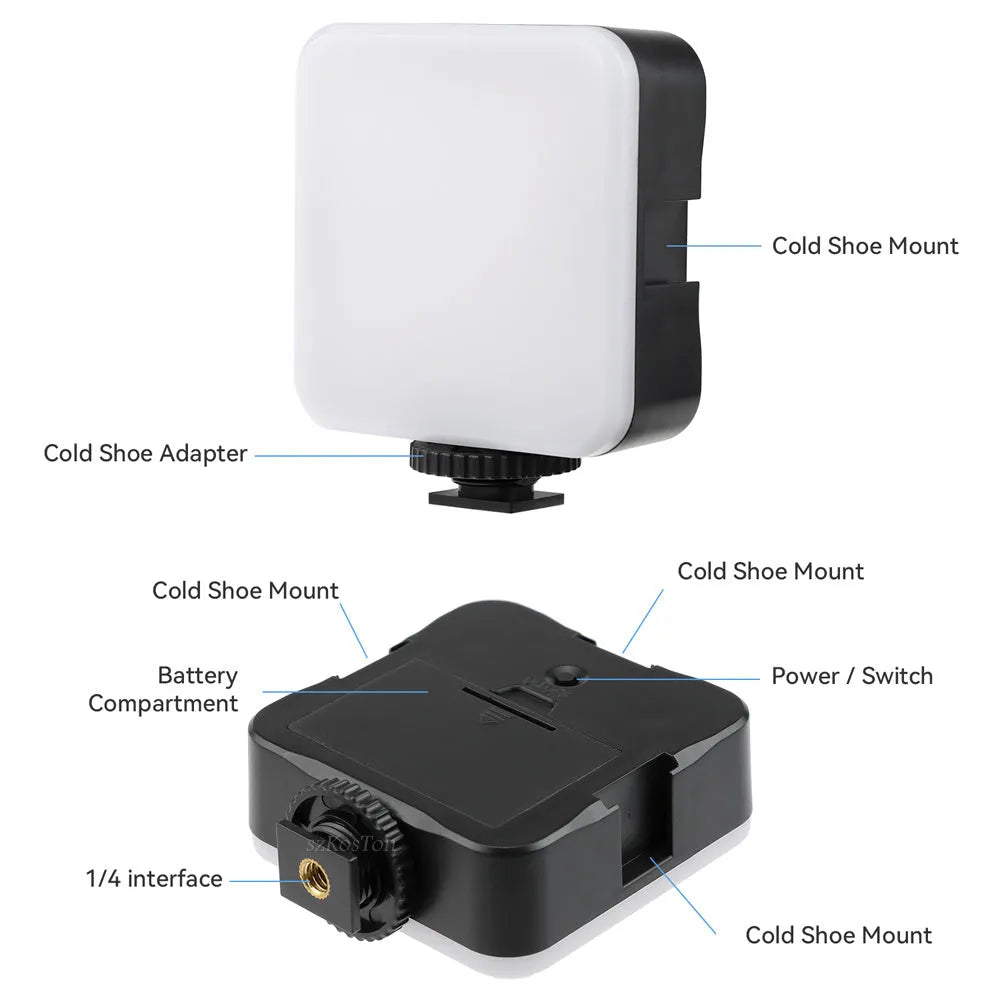 Square pocket-sized camera flash tripod light with rotatable head showing compact dimensions
