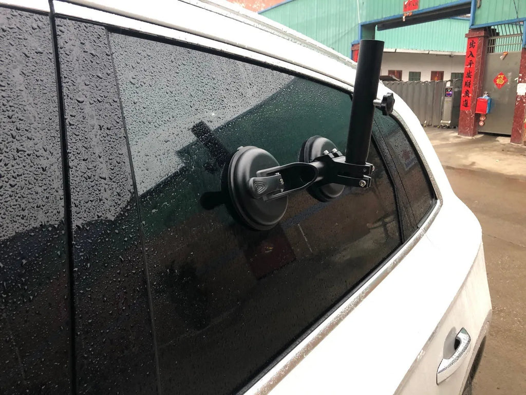 Black car window sucker flagpole mount with heavy rubber suction cup for off-road vehicles