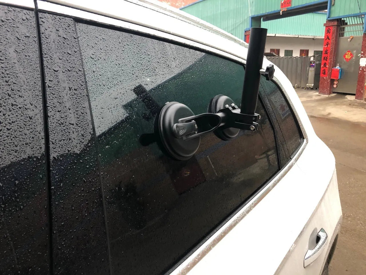 Black car window sucker flagpole mount with heavy rubber suction cup for off-road vehicles